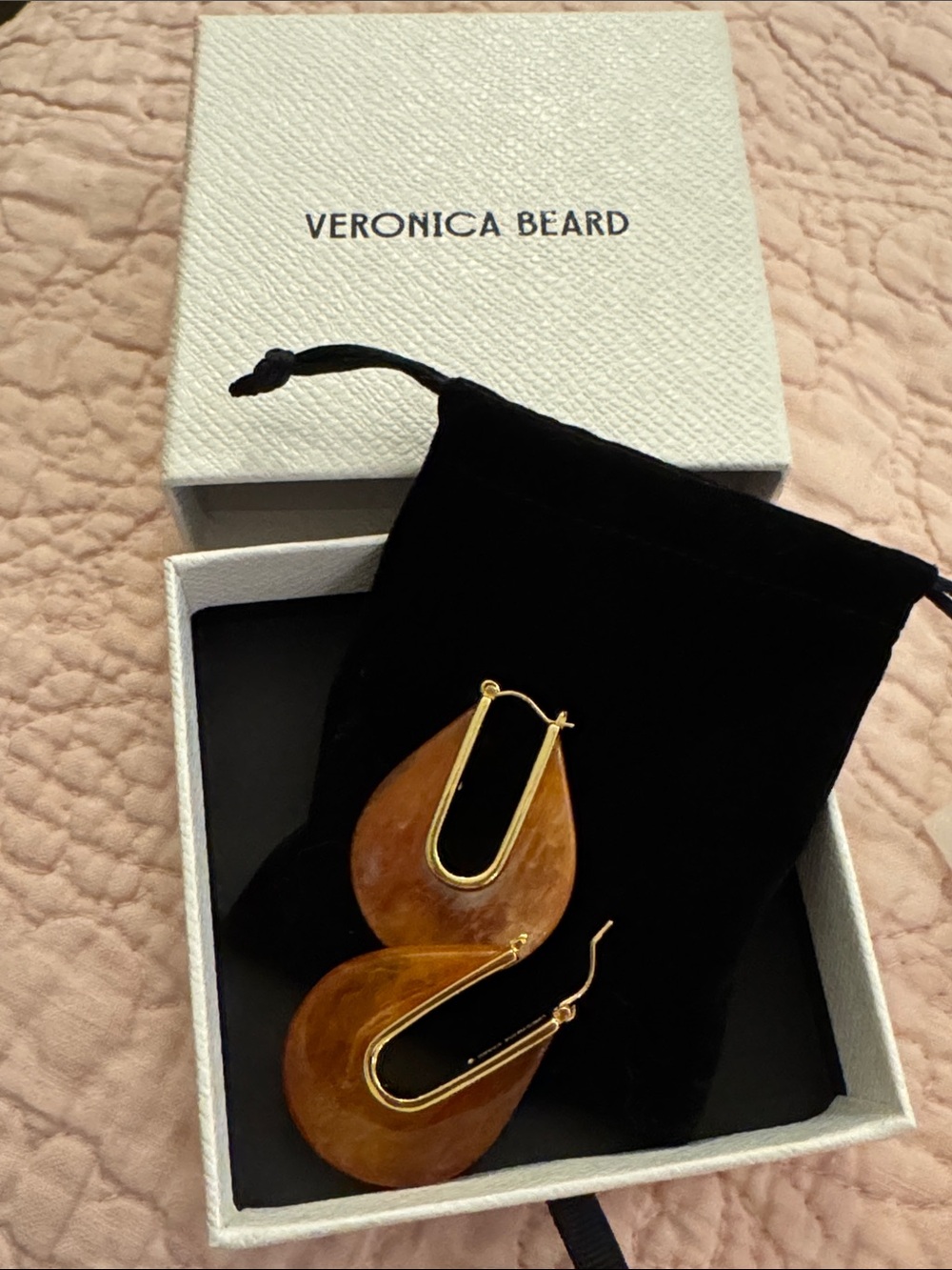Veronica Beard Amber-Tone Teardrop Hoop Earrings with Gold Accents